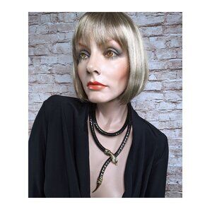 Vintage Signed DL Auld Co. Gold Snake Head & Tail Black  Mesh Necklace 1980's